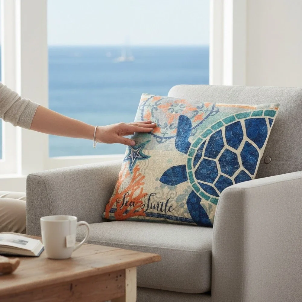 Coastal Sea Life Throw Pillow Covers Set of 4 Blue Orange Nautical 17.5x17.5 NWT